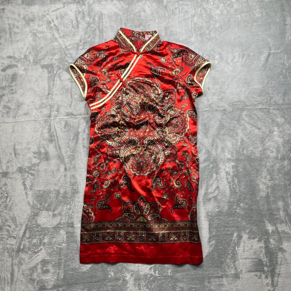 Thu Hong Red Paisley Cheongsam Dress Short Sleeve Mandarin Collar Silk‎ Blend S